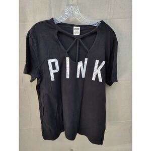 Victorias Secret PINK Black Strappy Caged V-Neck Logo T-Shirt Large Marble Print